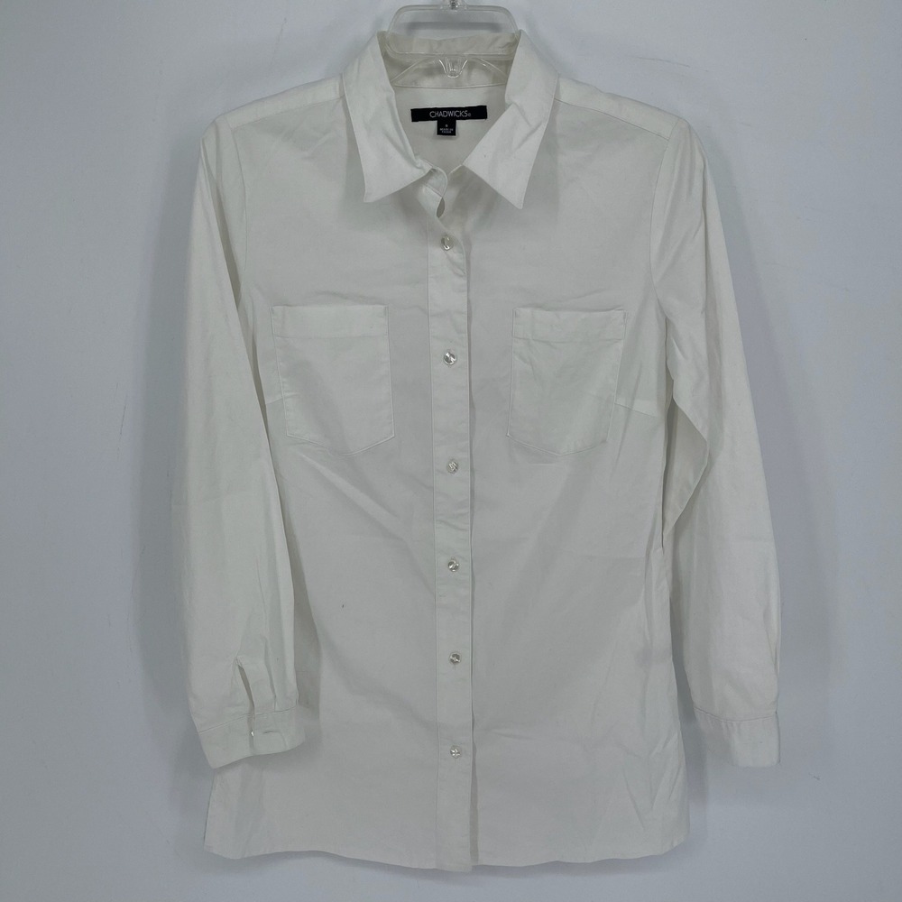Chadwicks Women's White Long Sleeve‎ Stretch Button Front Work Shirt Top Size S
